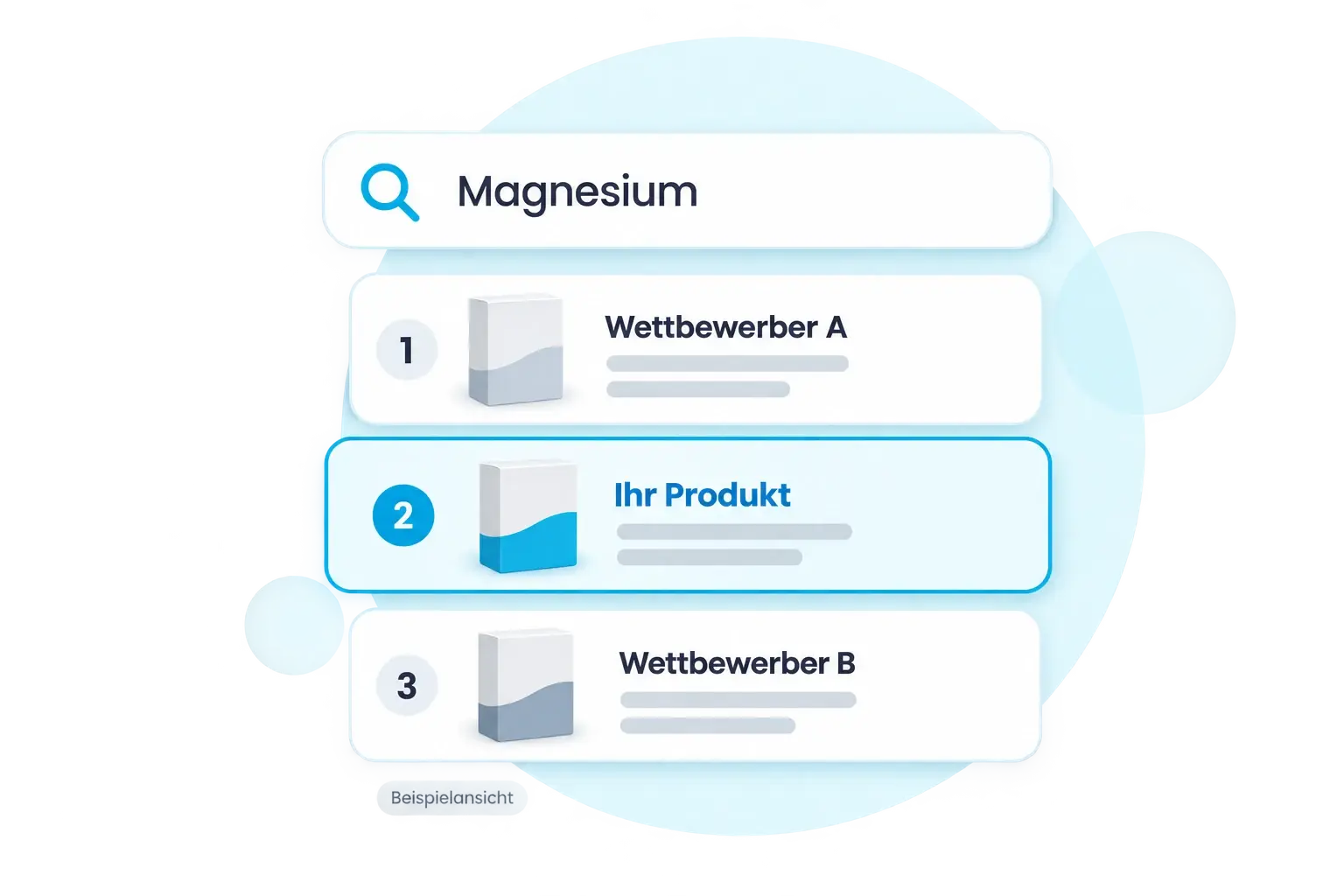Example of a pharmacy search for magnesium: three results, with your own product highlighted in position 2.