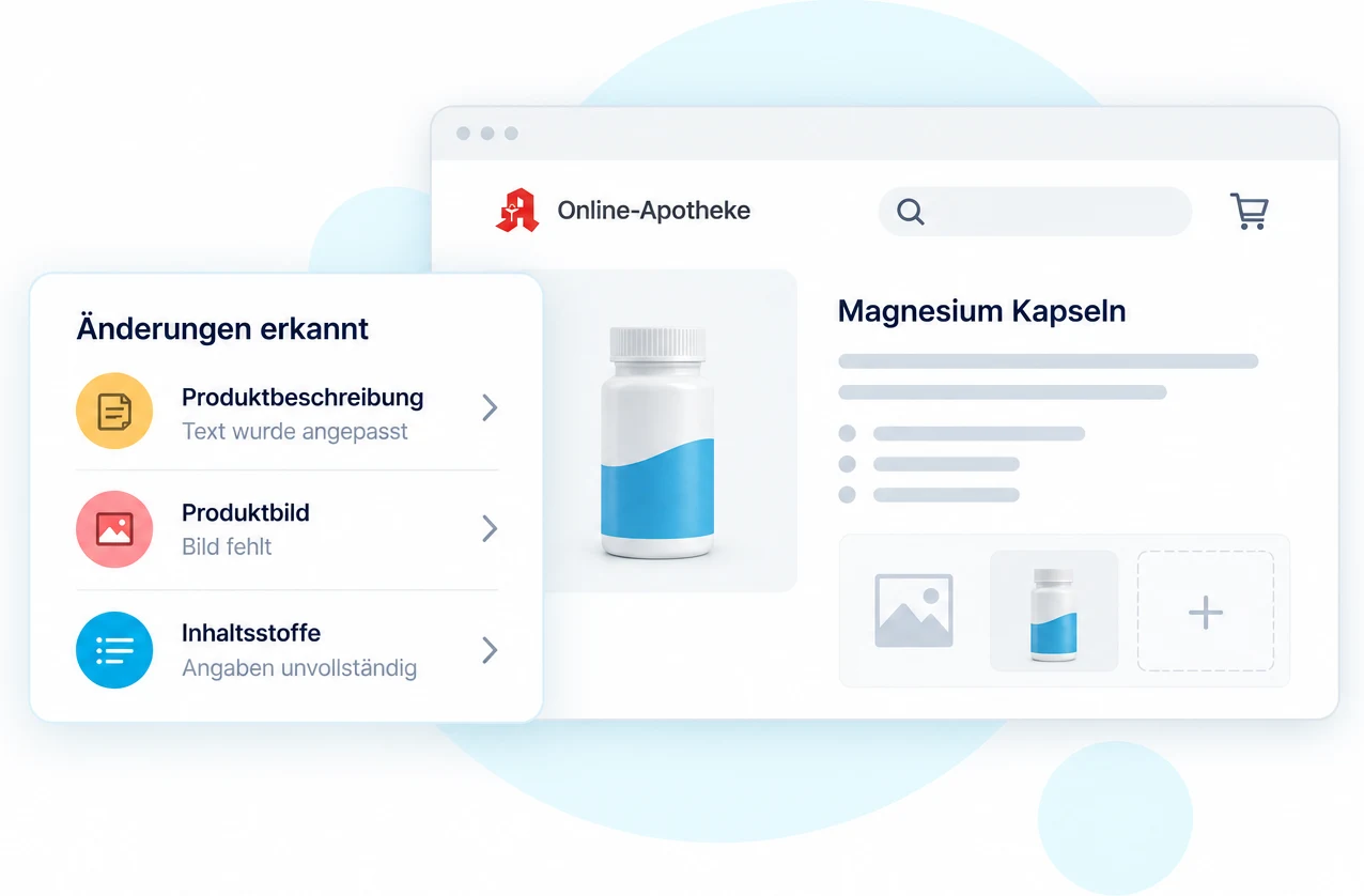 Example view of a product page in an online pharmacy: detected changes to the product description, product image and ingredients.